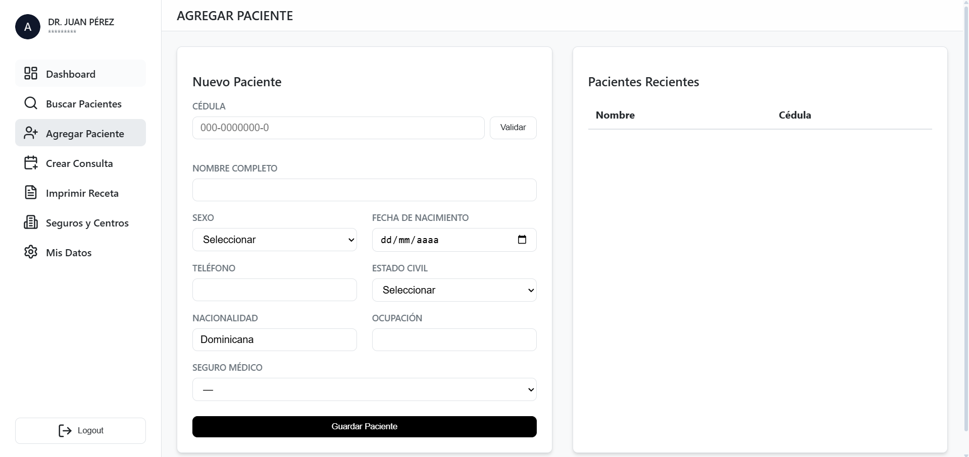 Captura de pantalla de la herramienta mostrando los registros de pacientes